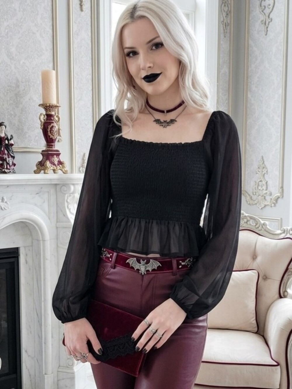 Guess Goth Glam Smocked Chiffon Blouse